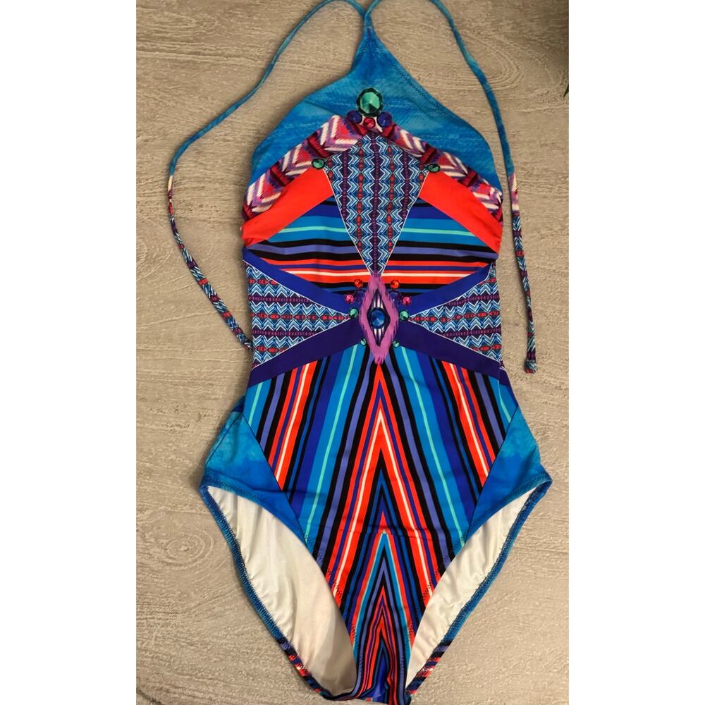 Gottex Neo‎ Tribe Halter One Piece Swimsuit 6 Boho Luxe Festival Retro Color Pop